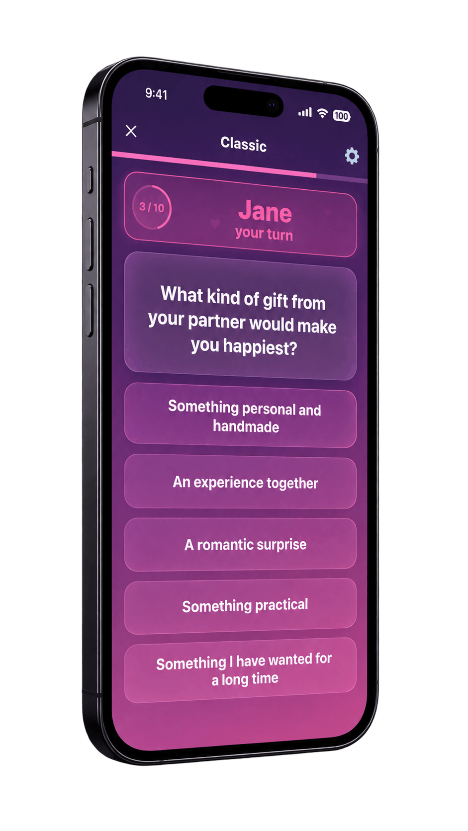 Couple Quiz on a rendered phone, showing a partner question and five possible answers.