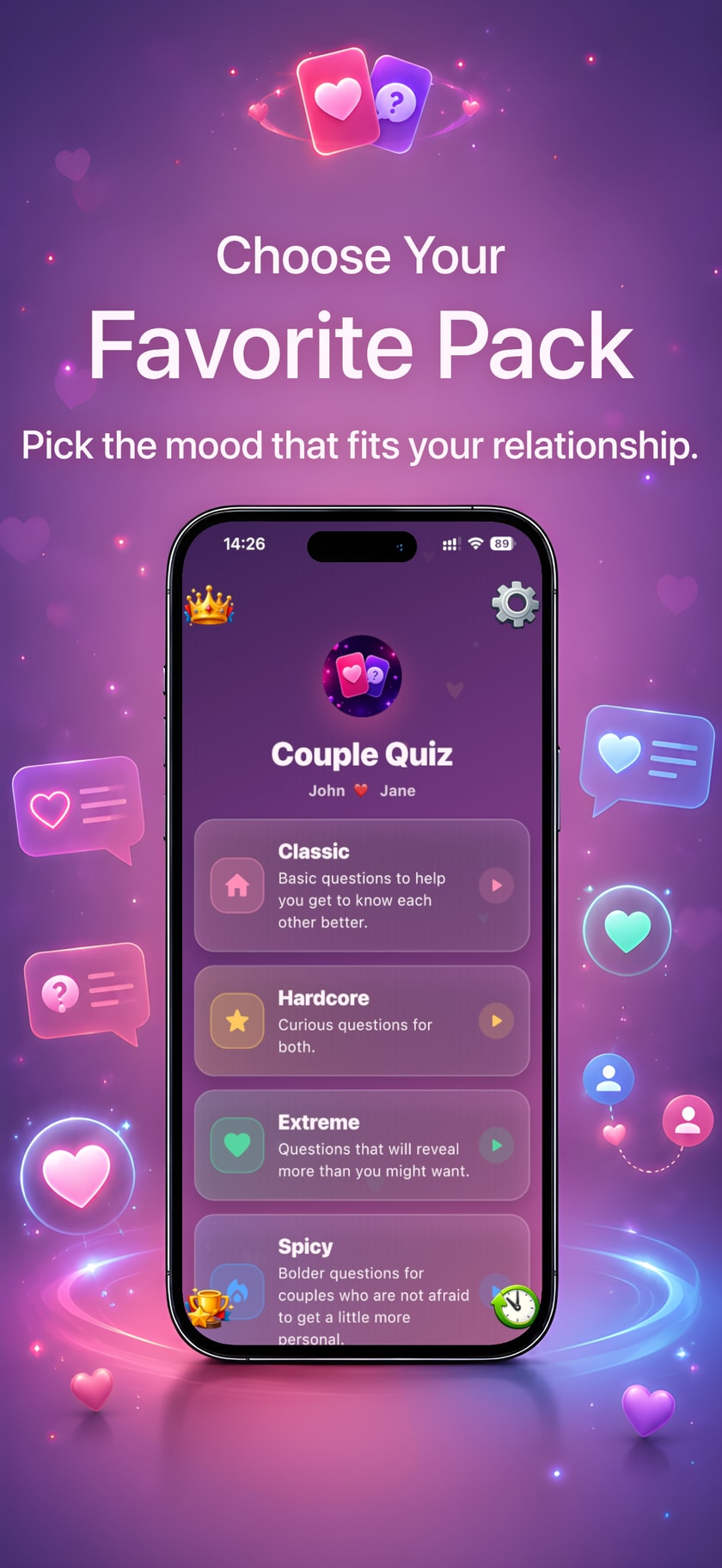 Couple Quiz store image showing the Classic, Hardcore, Extreme and Spicy question packs.