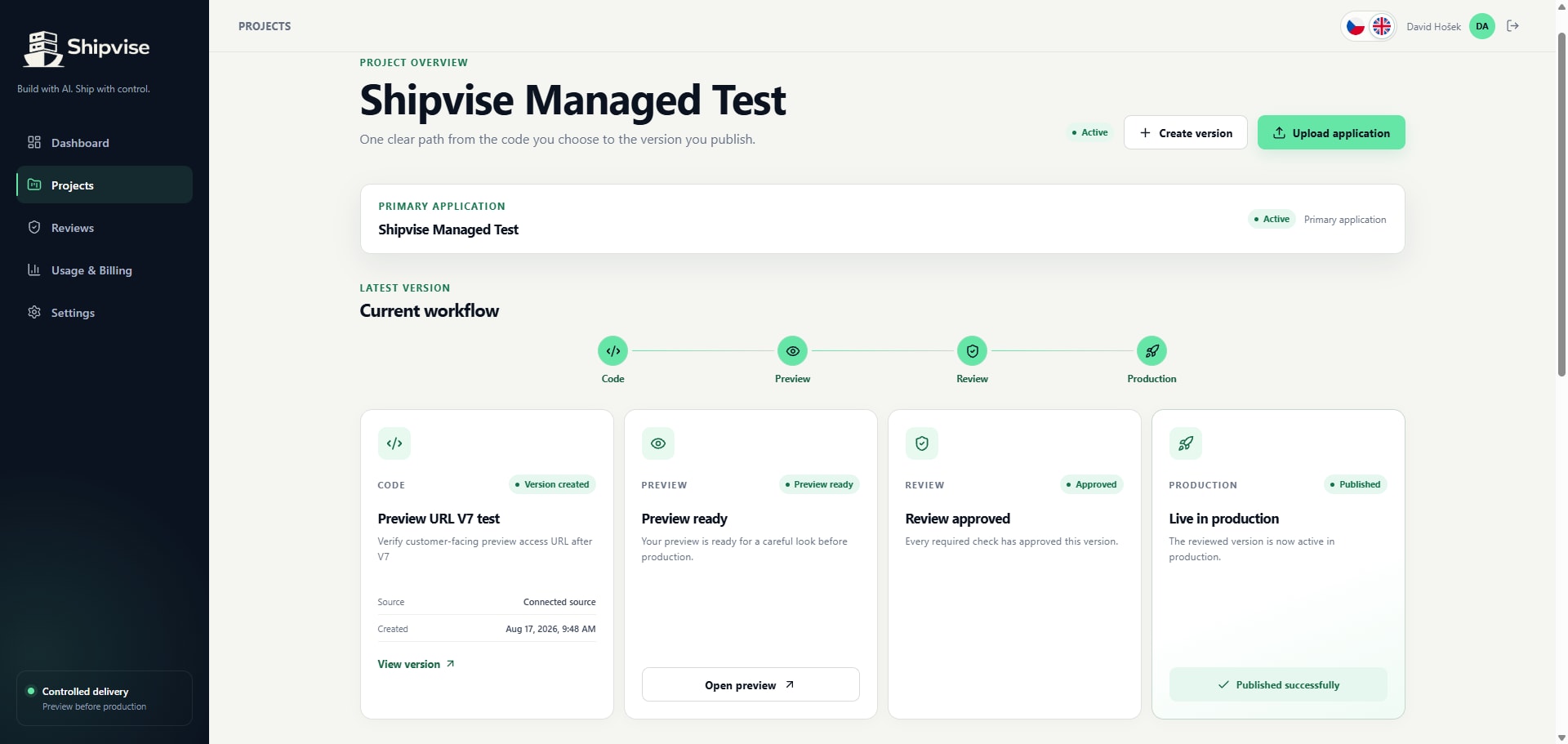 Shipvise prototype project overview with Code, Preview, Review and Production workflow stages using test data.