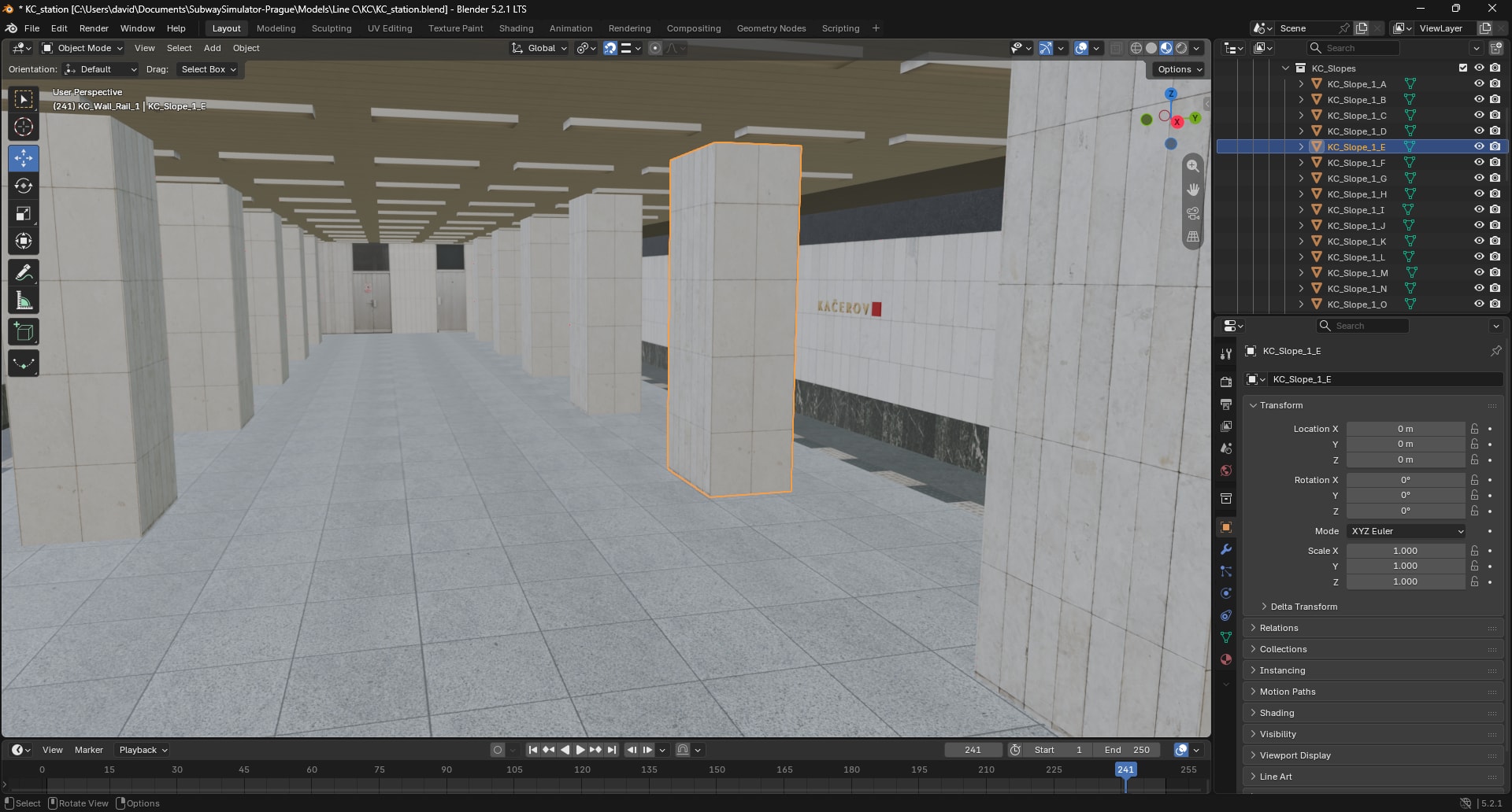 Kačerov station model in Blender, with a selected platform column and the scene object list.