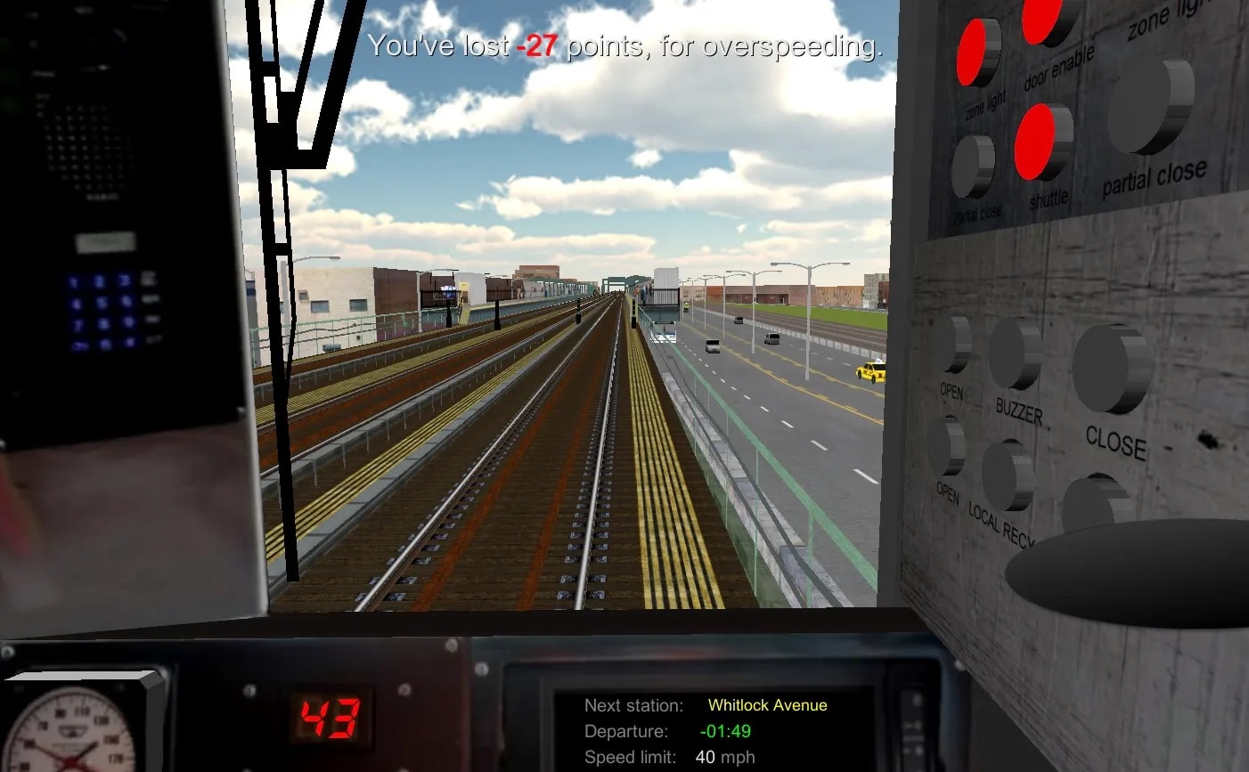 Historical Subway Simulator New York gameplay: cab view on an elevated route with speed, next-station information and mobile driving controls.