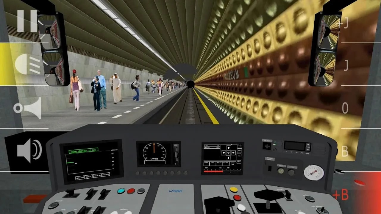 Historical Subway Simulator Prague Metro gameplay: cab view at Muzeum with a gold platform wall, passengers and mobile driving controls.