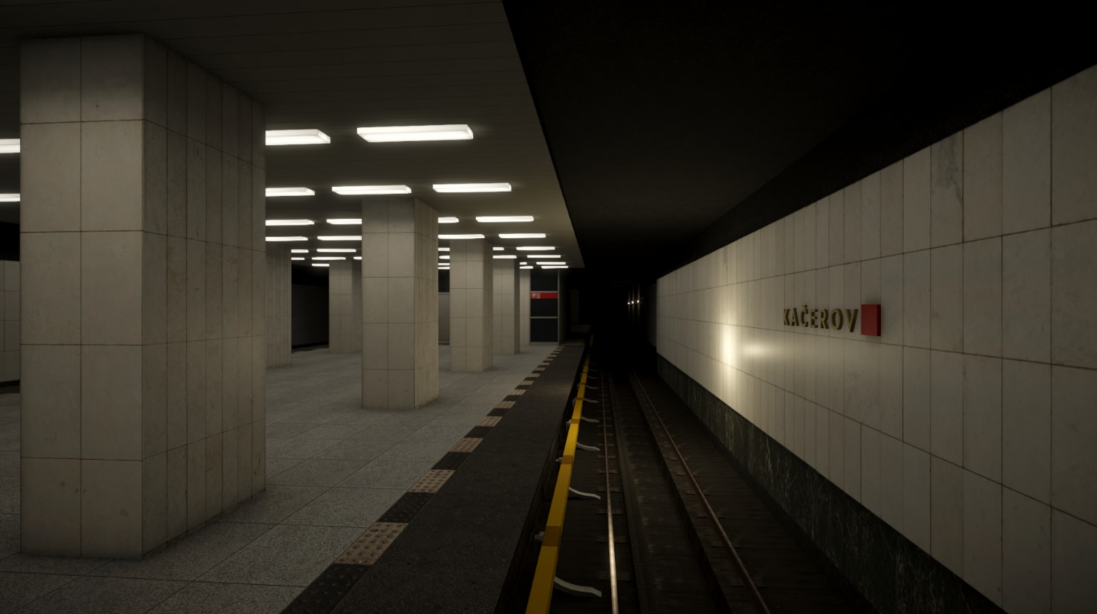 Kačerov station in Subway Simulator: Prague, with a lit platform, tiled columns and tracks.