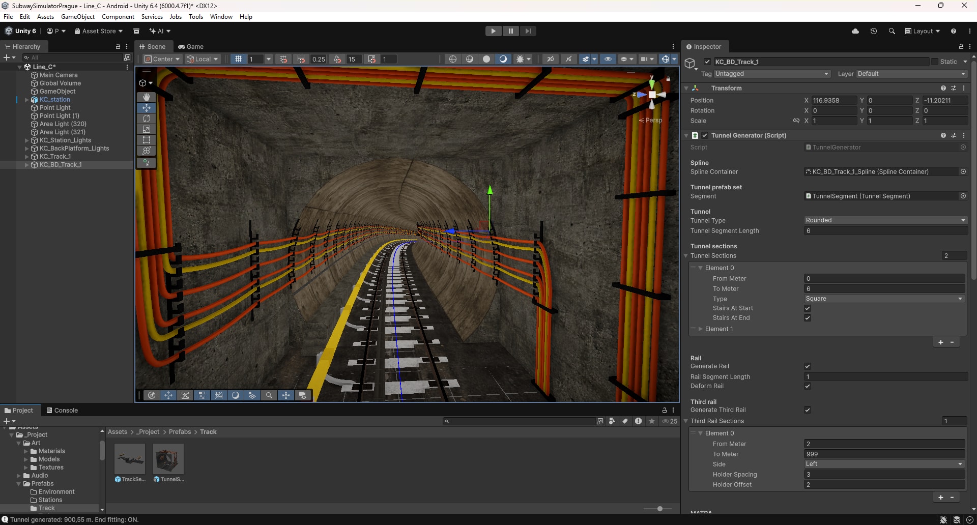Unity editor showing a curved tunnel with rails and cables alongside the tunnel generator settings.